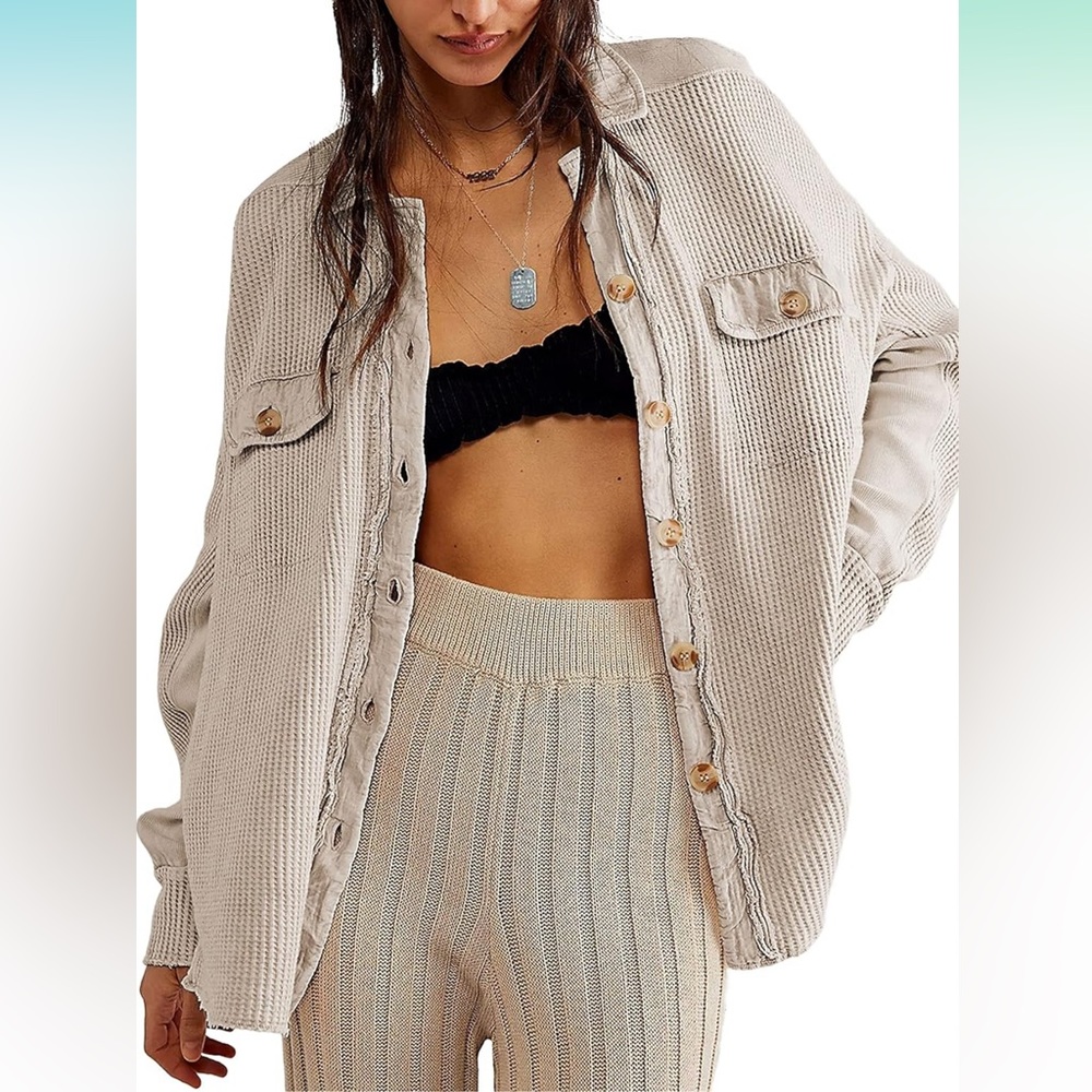 Women's Oversized Waffle Knit Shacket - Cream